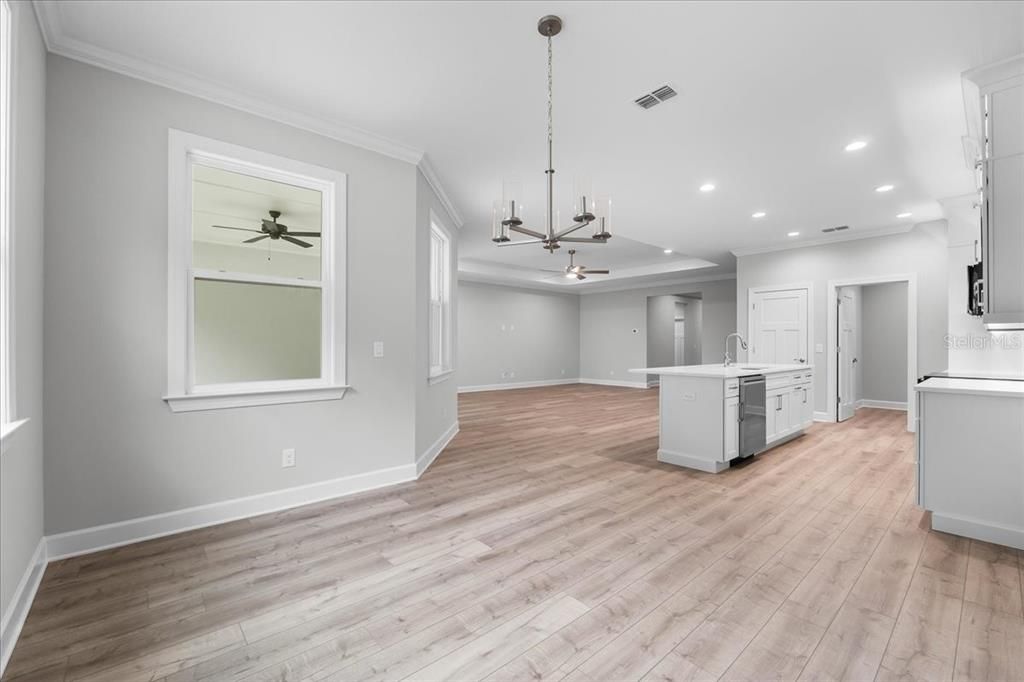 Empty room, Interior, Kitchen, Pendant Lights, Recessed Lighting, Wood Texture Flooring