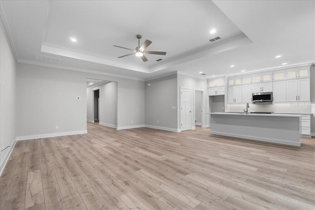 Empty room, Interior, Kitchen, Recessed Lighting, Wood Texture Flooring