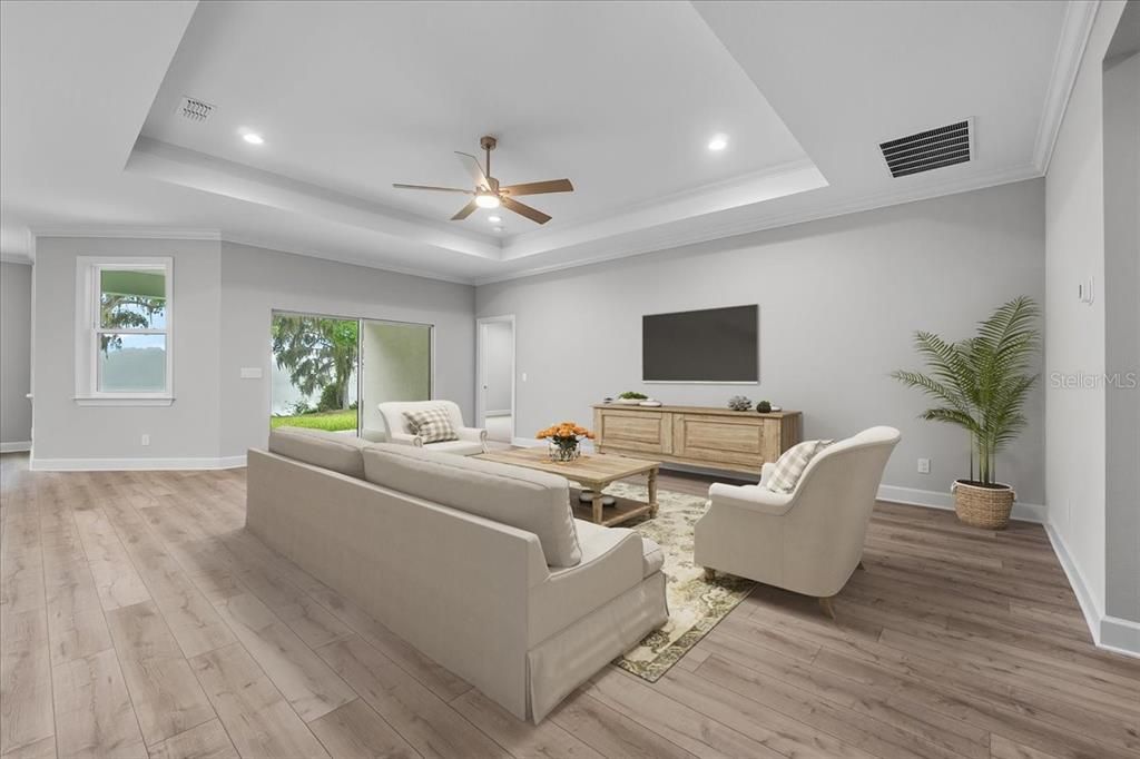 Interior, Living room, Recessed Lighting, Wood Texture Flooring