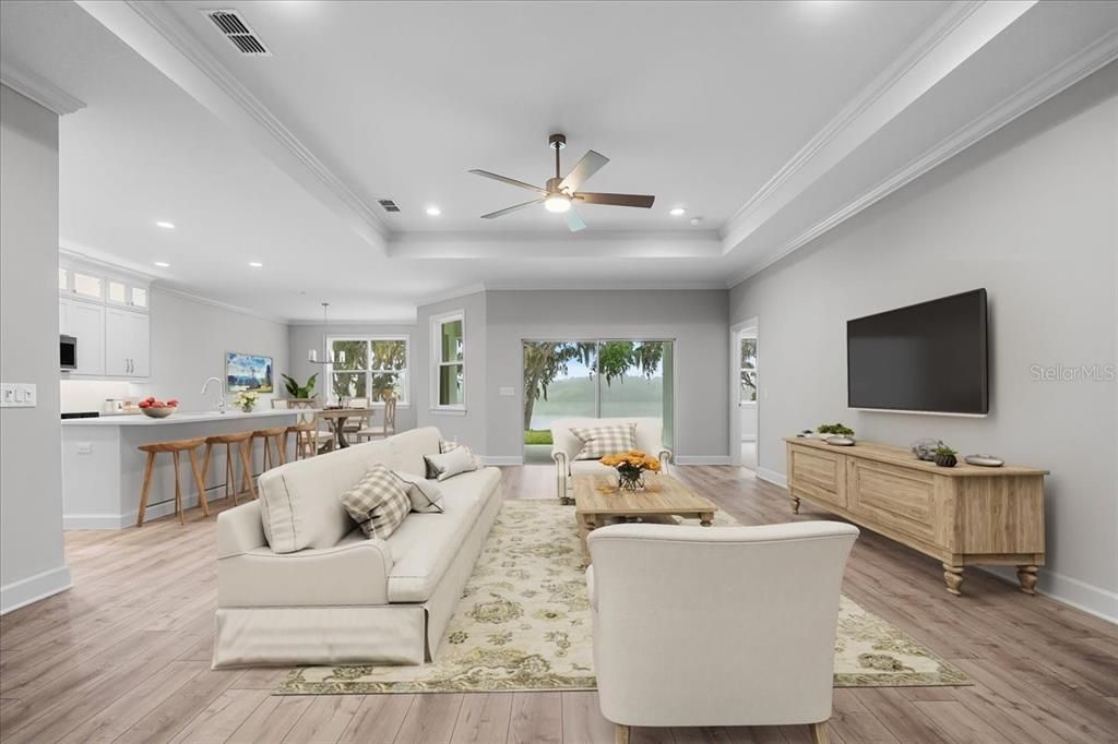 Dining room, Interior, Kitchen, Living room, Pendant Lights, Recessed Lighting, Wood Texture Flooring