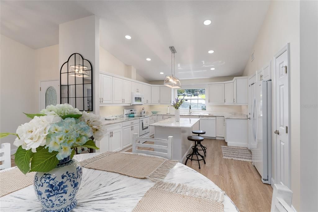 Interior, Kitchen, Pendant Lights, Recessed Lighting, Wood Texture Flooring