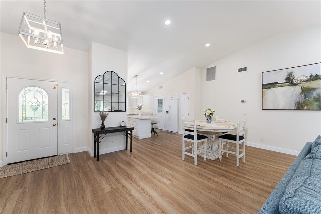 Dining room, Interior, Pendant Lights, Recessed Lighting, Wood Texture Flooring