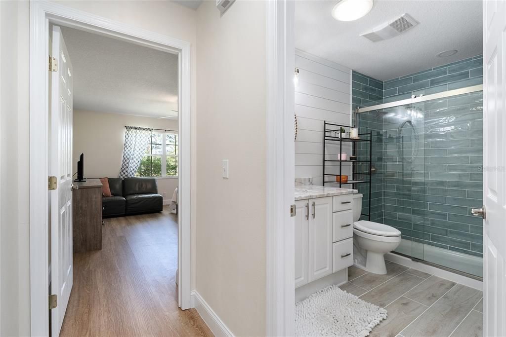 Bathroom, Glass Shower, Interior, Wood Texture Flooring