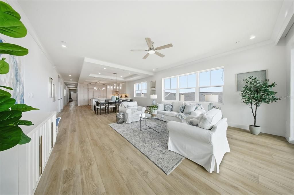 Dining room, Interior, Living room, Pendant Lights, Recessed Lighting, Wood Texture Flooring
