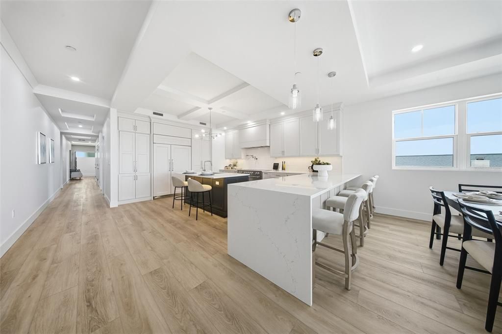 Dining room, Interior, Kitchen, Pendant Lights, Recessed Lighting, Water, Wood Texture Flooring