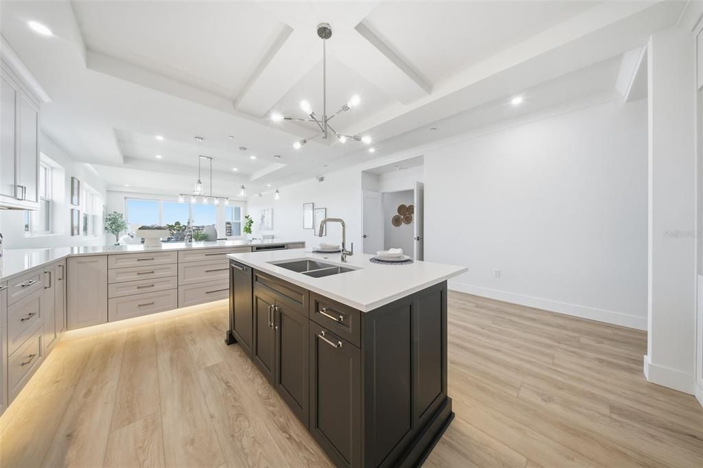 Interior, Kitchen, Pendant Lights, Recessed Lighting, Wood Texture Flooring