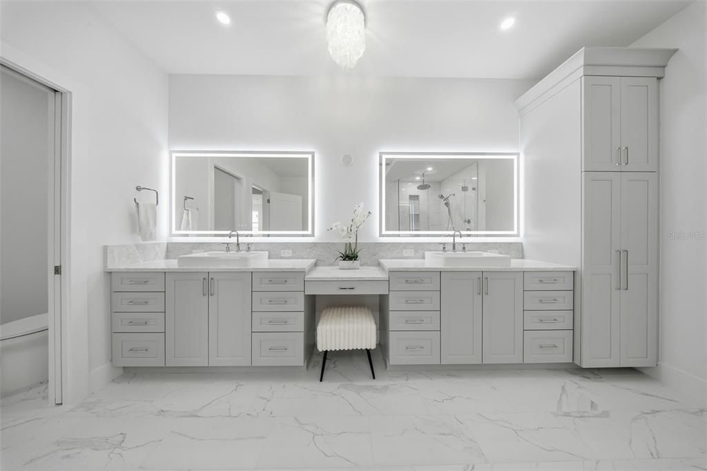 Bathroom, Dual Sink Vanities, Interior, Marble, Recessed Lighting