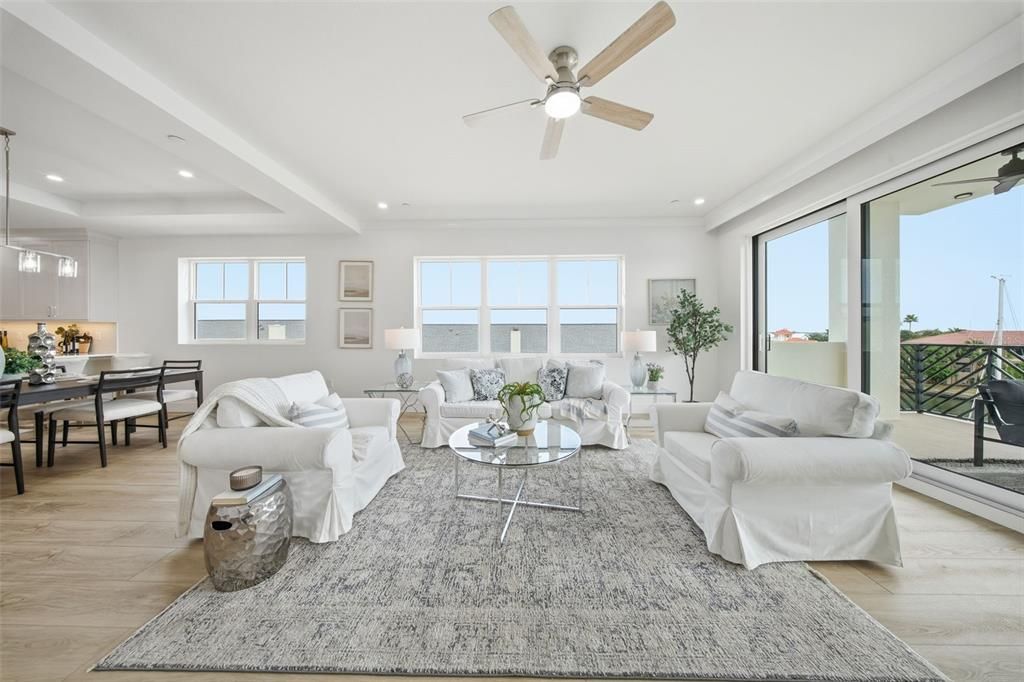 Dining room, Interior, Living room, Recessed Lighting, Water, Wood Texture Flooring