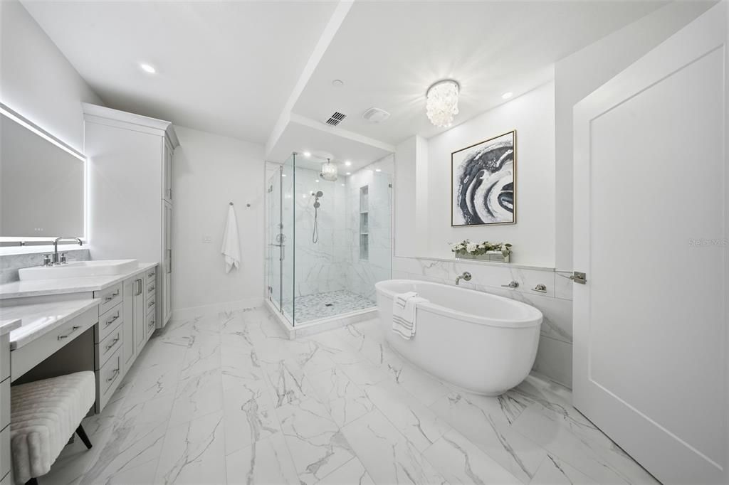 Bathroom, Dual Sink Vanities, Free Standing Baths, Glass Shower, Interior, Marble, Recessed Lighting