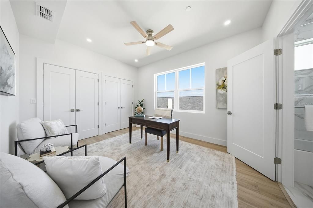 Home Office, Interior, Recessed Lighting, Wood Texture Flooring