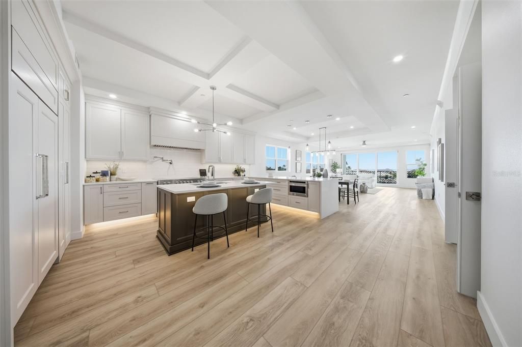 Dining room, Interior, Kitchen, Pendant Lights, Recessed Lighting, Wood Texture Flooring