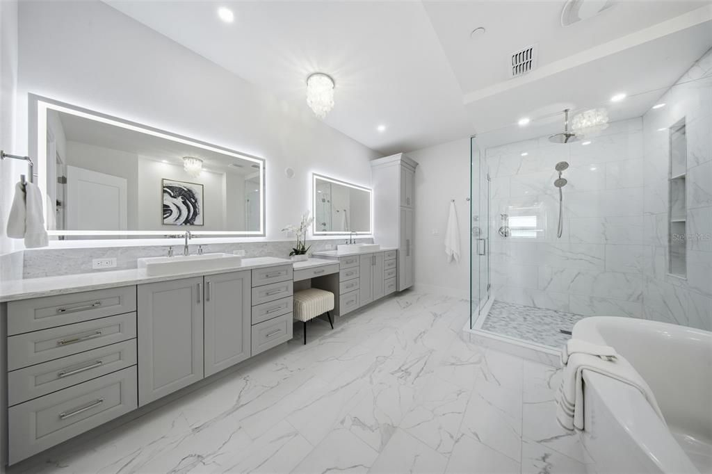 Bathroom, Dual Sink Vanities, Glass Shower, Interior, Marble, Marble Walls, Recessed Lighting
