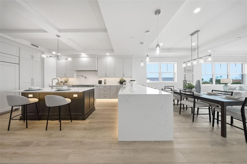 Dining room, Interior, Kitchen, Pendant Lights, Recessed Lighting, Wood Texture Flooring
