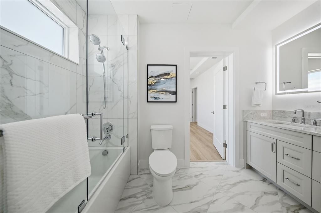 Bathroom, Glass Shower, Interior, Marble, Marble Walls, Wood Texture Flooring