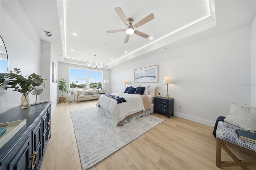 Bedroom, Interior, Pendant Lights, Recessed Lighting, Wood Texture Flooring