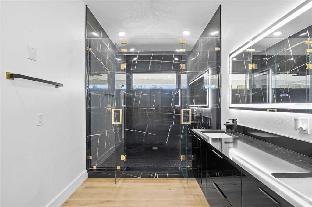 Bathroom, Glass Shower, Interior, Recessed Lighting, Wood Texture Flooring