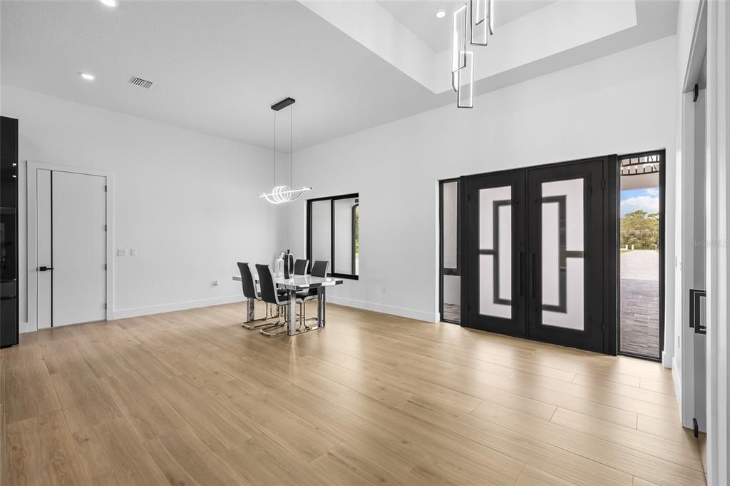 Dining room, Interior, Pendant Lights, Recessed Lighting, Wood Texture Flooring