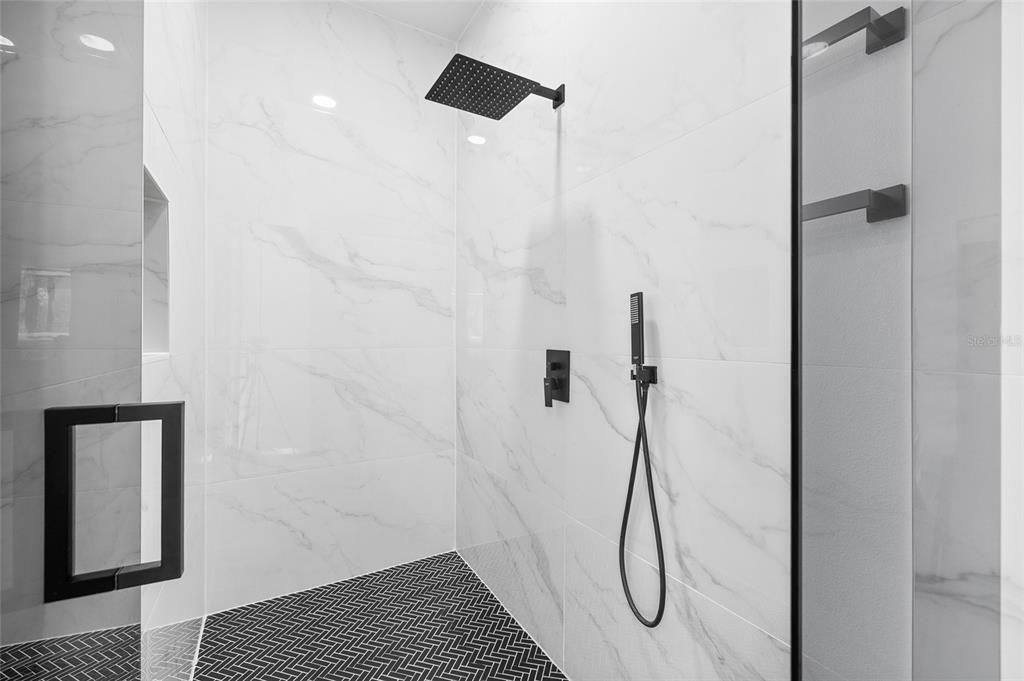 Bathroom, Glass Shower, Interior, Marble Walls, Recessed Lighting