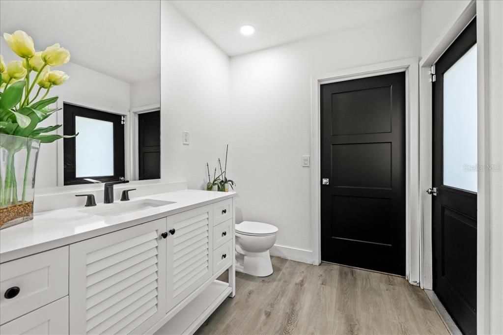 Bathroom, Interior, Recessed Lighting, Wood Texture Flooring