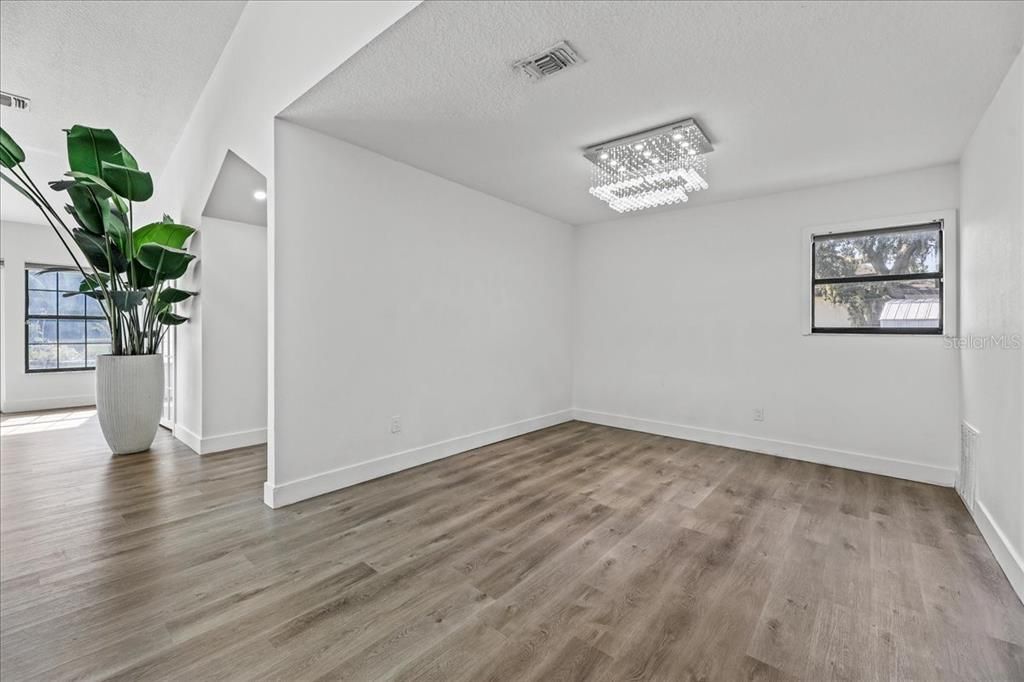Chandelier, Empty room, Interior, Recessed Lighting, Wood Texture Flooring