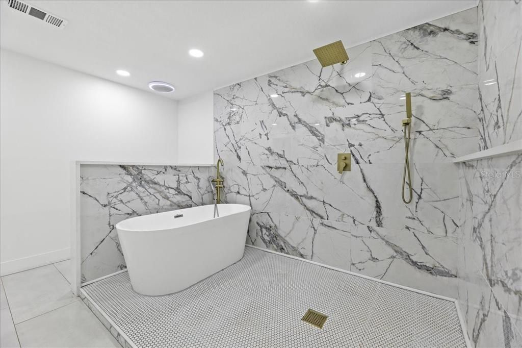 Bathroom, Free Standing Baths, Interior, Marble Walls, Recessed Lighting