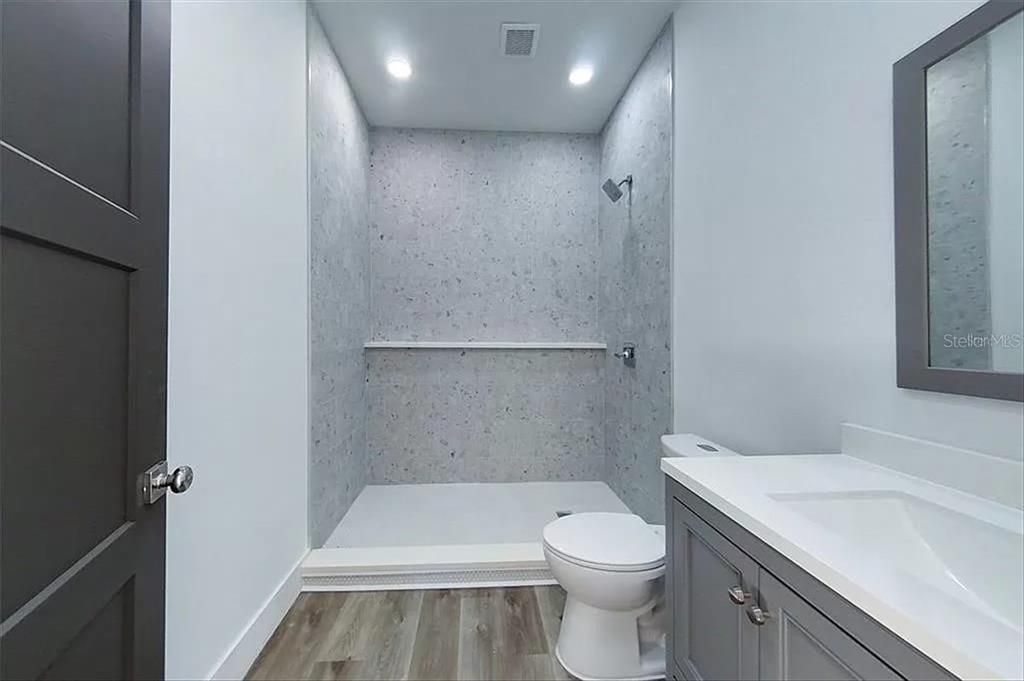Bathroom, Interior, Recessed Lighting, Wood Texture Flooring