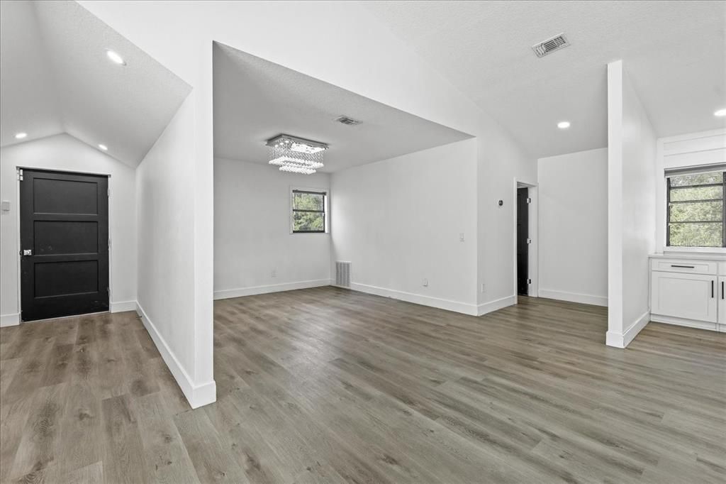 Chandelier, Empty room, Interior, Recessed Lighting, Wood Texture Flooring