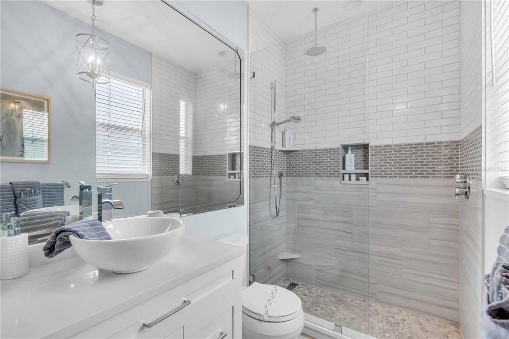 Bathroom, Glass Shower, Interior, Pendant Lights