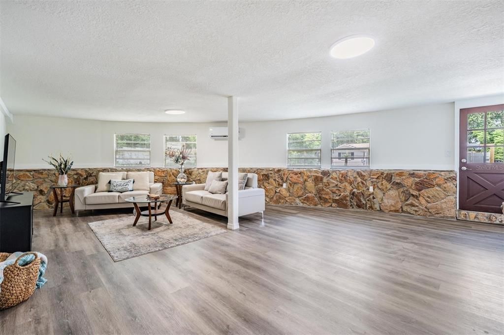 Interior, Living room, Recessed Lighting, Stone Walls, Wood Texture Flooring