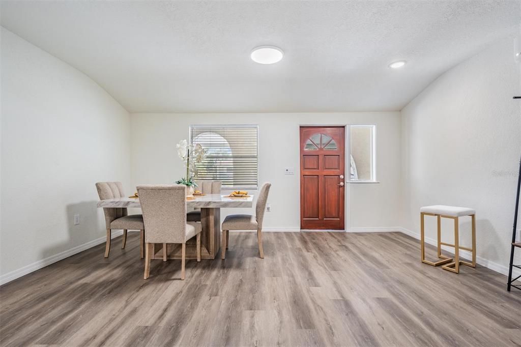Dining room, Interior, Recessed Lighting, Wood Texture Flooring