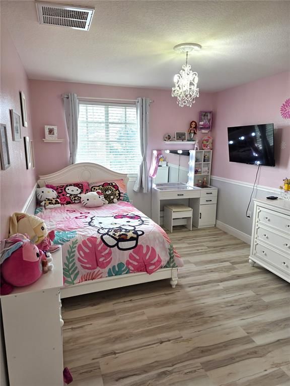 Bedroom, Chandelier, Interior, Wood Texture Flooring
