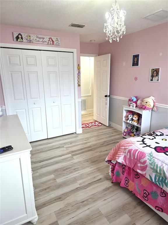 Bedroom, Chandelier, Interior, Wood Texture Flooring