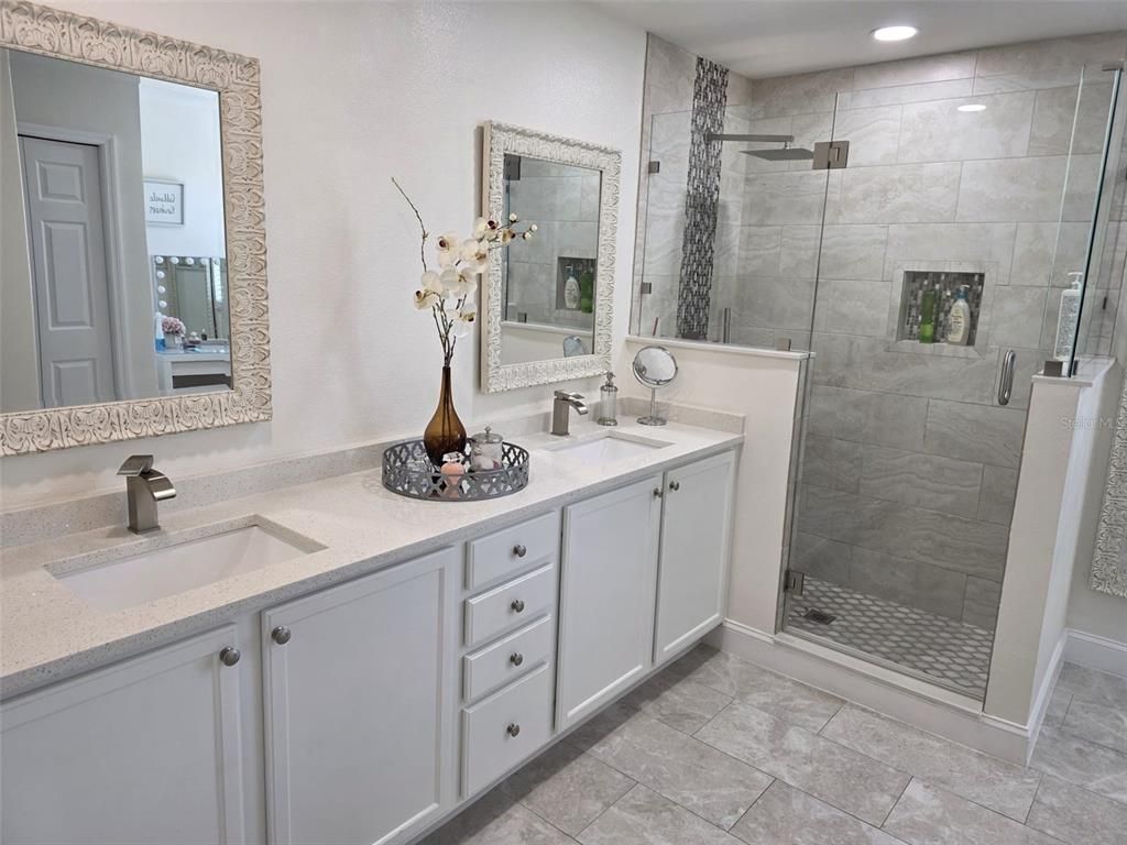 Bathroom, Dual Sink Vanities, Glass Shower, Interior, Recessed Lighting