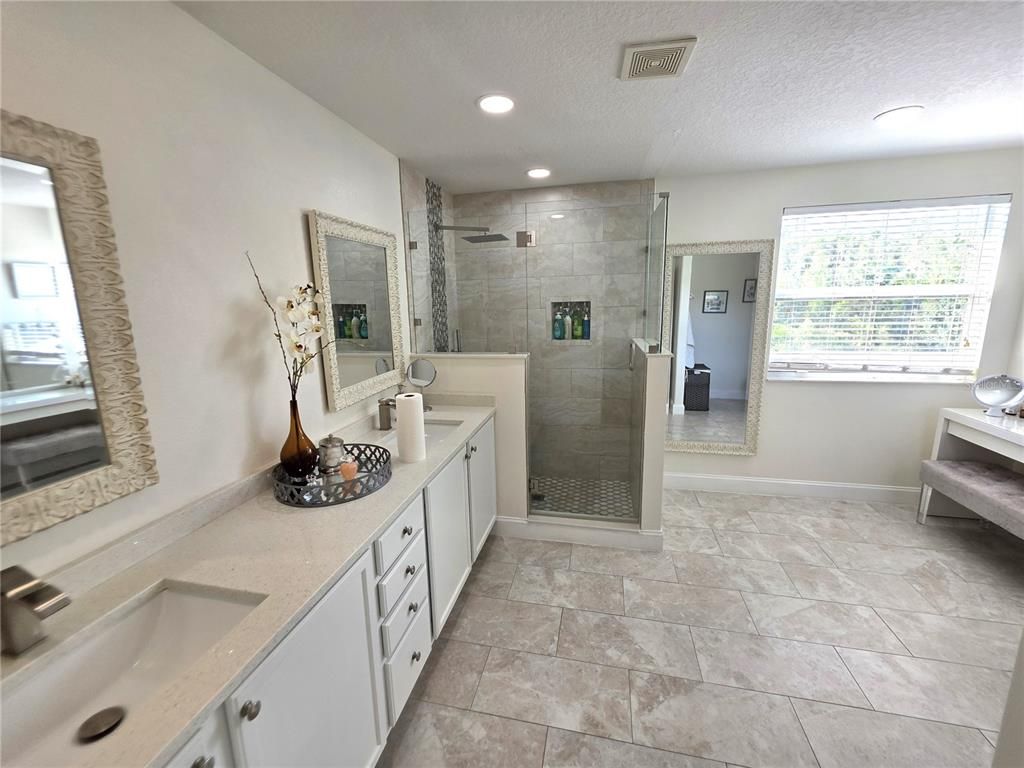 Bathroom, Dual Sink Vanities, Glass Shower, Interior, Recessed Lighting