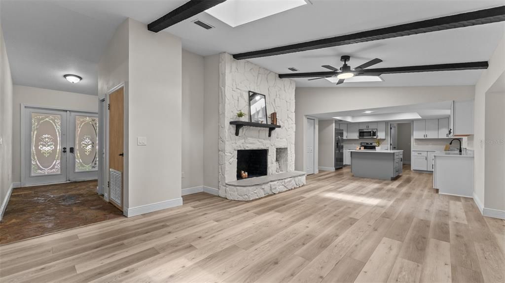 Fireplace, Interior, Kitchen, Recessed Lighting, Stone Walls, Wooden Beams, Wood Texture Flooring