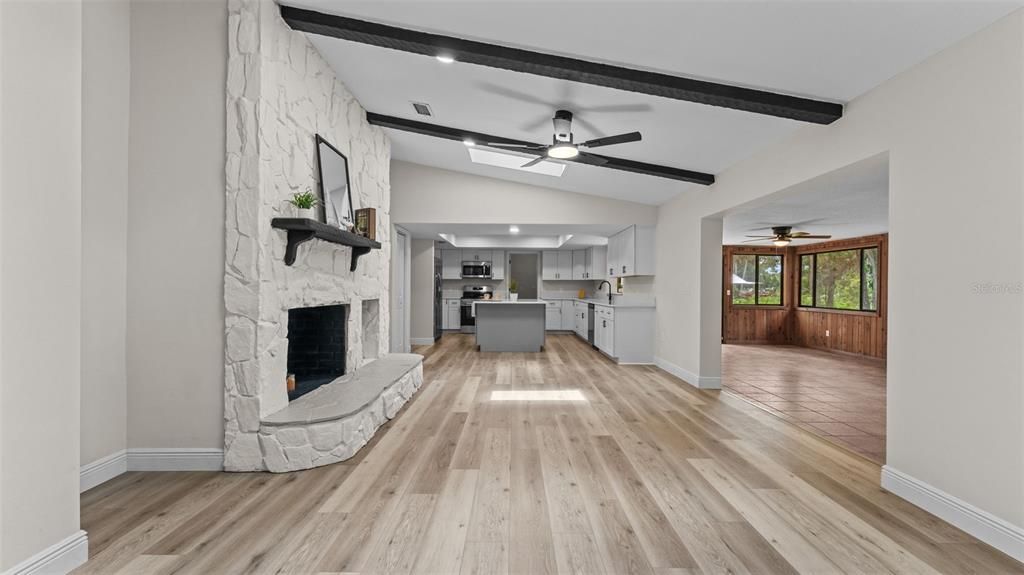Fireplace, Interior, Kitchen, Recessed Lighting, Wooden Beams, Wood Texture Flooring