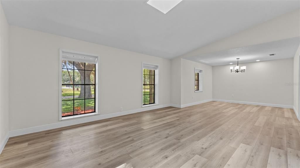 Chandelier, Empty room, Interior, Recessed Lighting, Wood Texture Flooring