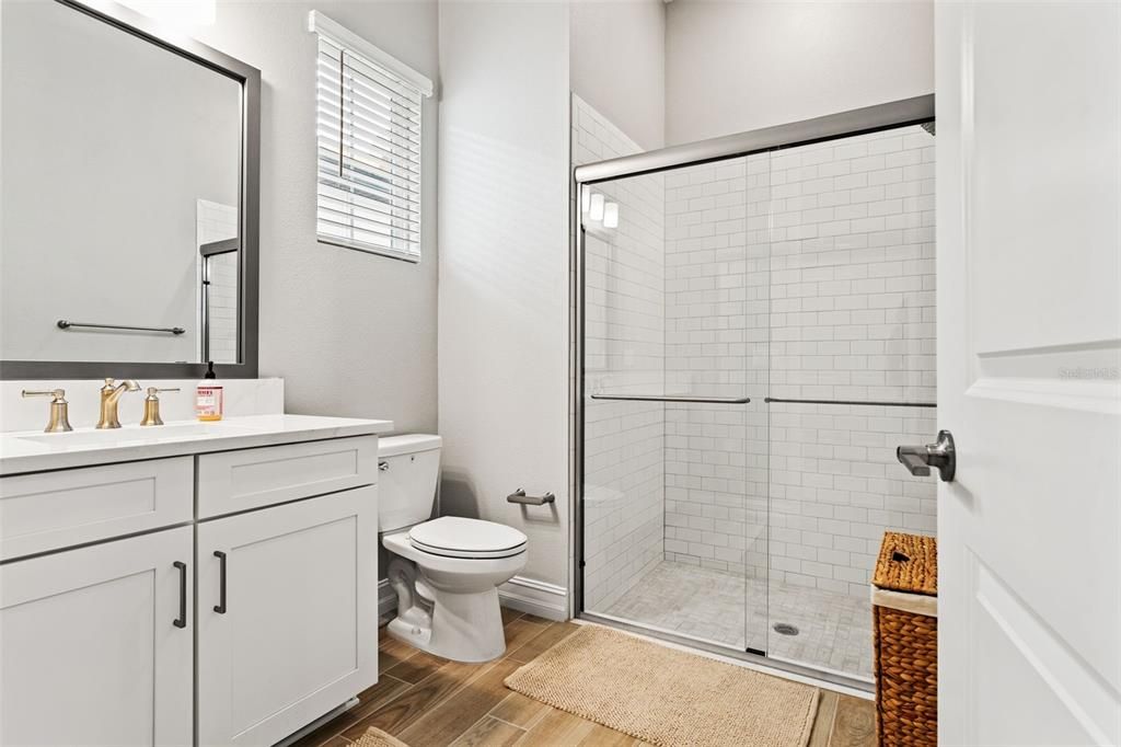 Bathroom, Glass Shower, Interior, Wood Texture Flooring