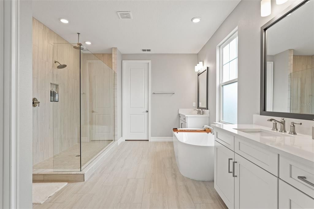 Bathroom, Dual Sink Vanities, Free Standing Baths, Glass Shower, Interior, Recessed Lighting