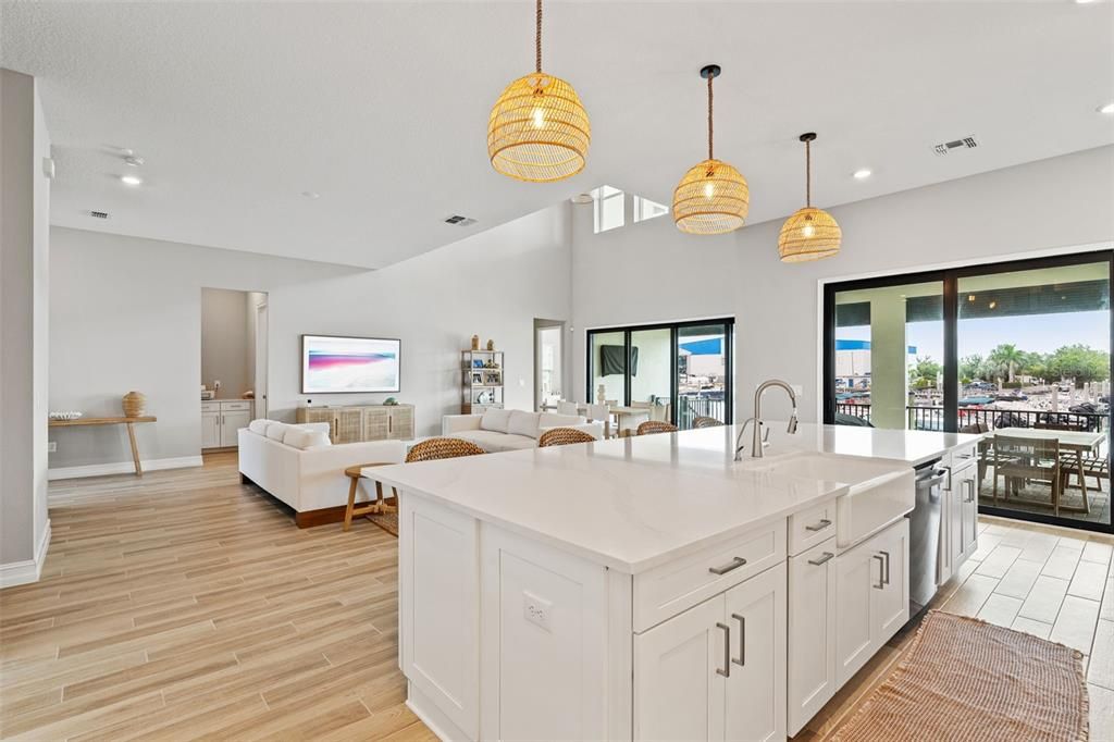Interior, Kitchen, Living room, Pendant Lights, Recessed Lighting, Wood Texture Flooring