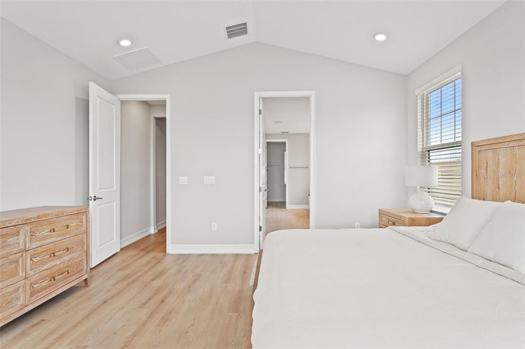 Bedroom, Interior, Recessed Lighting, Wood Texture Flooring