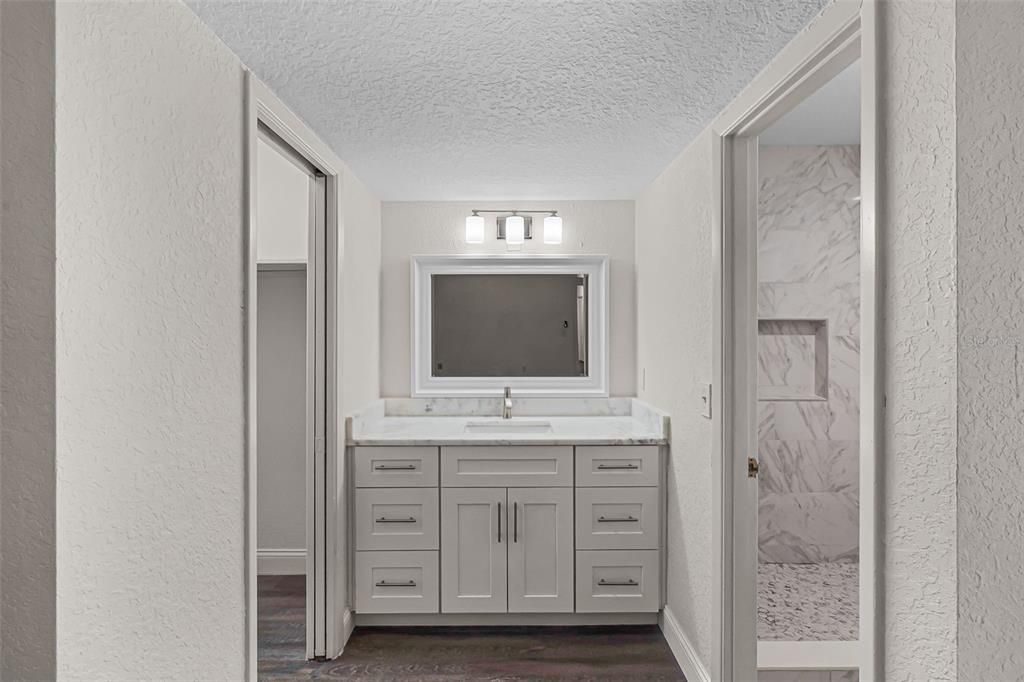 Bathroom, Interior, Marble Walls, Wood Texture Flooring