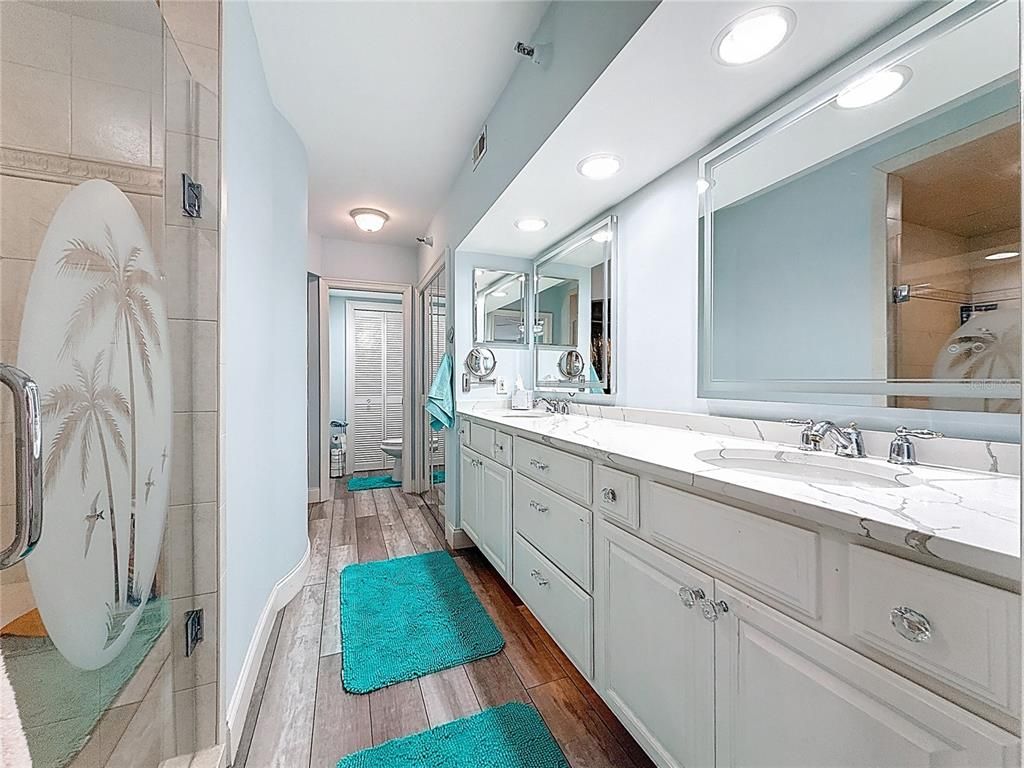 Bathroom, Dual Sink Vanities, Interior, Recessed Lighting, Wood Texture Flooring