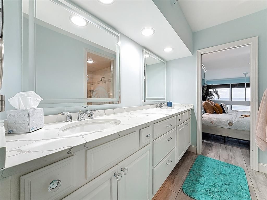 Bathroom, Bedroom, Dual Sink Vanities, Interior, Recessed Lighting, Wood Texture Flooring