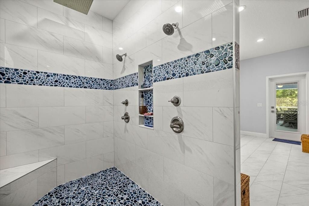Bathroom, Glass Shower, Interior, Marble, Marble Walls, Recessed Lighting