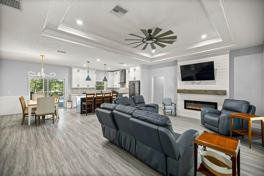 Dining room, Fireplace, Interior, Kitchen, Living room, Pendant Lights, Recessed Lighting, Stainless Steel Appliances