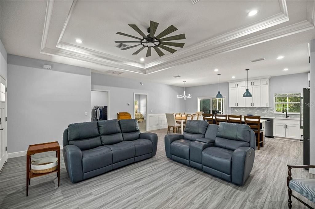 Dining room, Interior, Kitchen, Living room, Pendant Lights, Recessed Lighting, Wood Texture Flooring