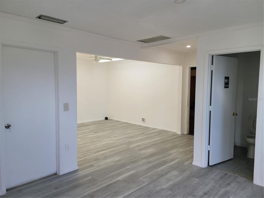Bathroom, Empty room, Interior, Recessed Lighting, Wood Texture Flooring