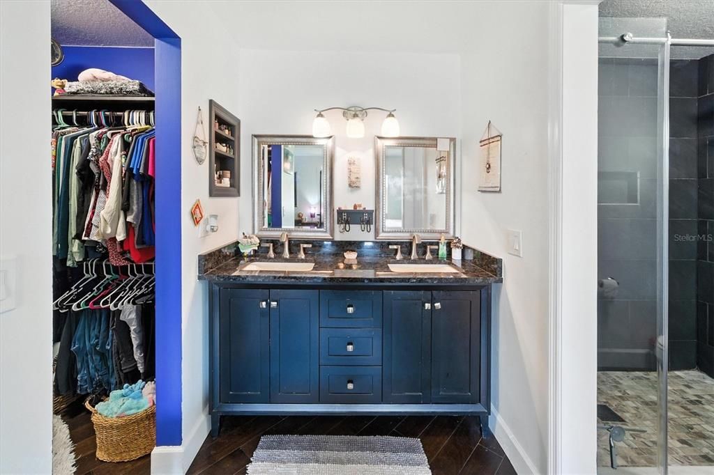 Bathroom, Dual Sink Vanities, Glass Shower, Interior, Walk-in Closets, Wood Texture Flooring