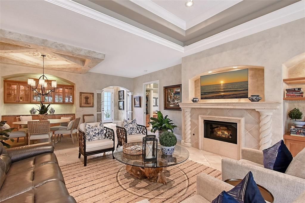 Chandelier, Dining room, Fireplace, Interior, Living room, Recessed Lighting, Wooden Beams
